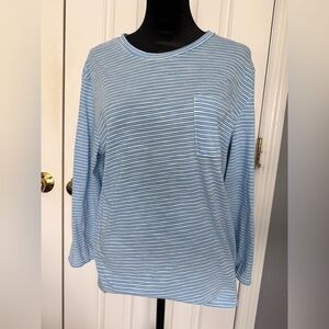 Patagonia Striped 3/4 Sleeve Pocket Tee Large Blue White Organic Cotton Top